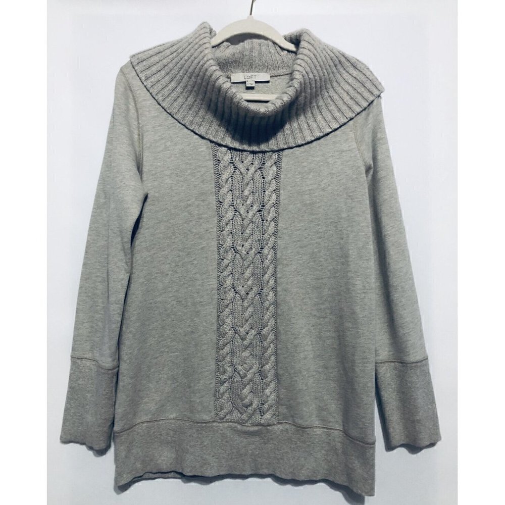 Ann Taylor Loft Womens Medium Beige Mixed Media Sweatshirt Cowl Neck Cable Knit
